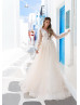 Pearl Embellished Ivory Lace Champagne Tulle Bohemian Wedding Dress